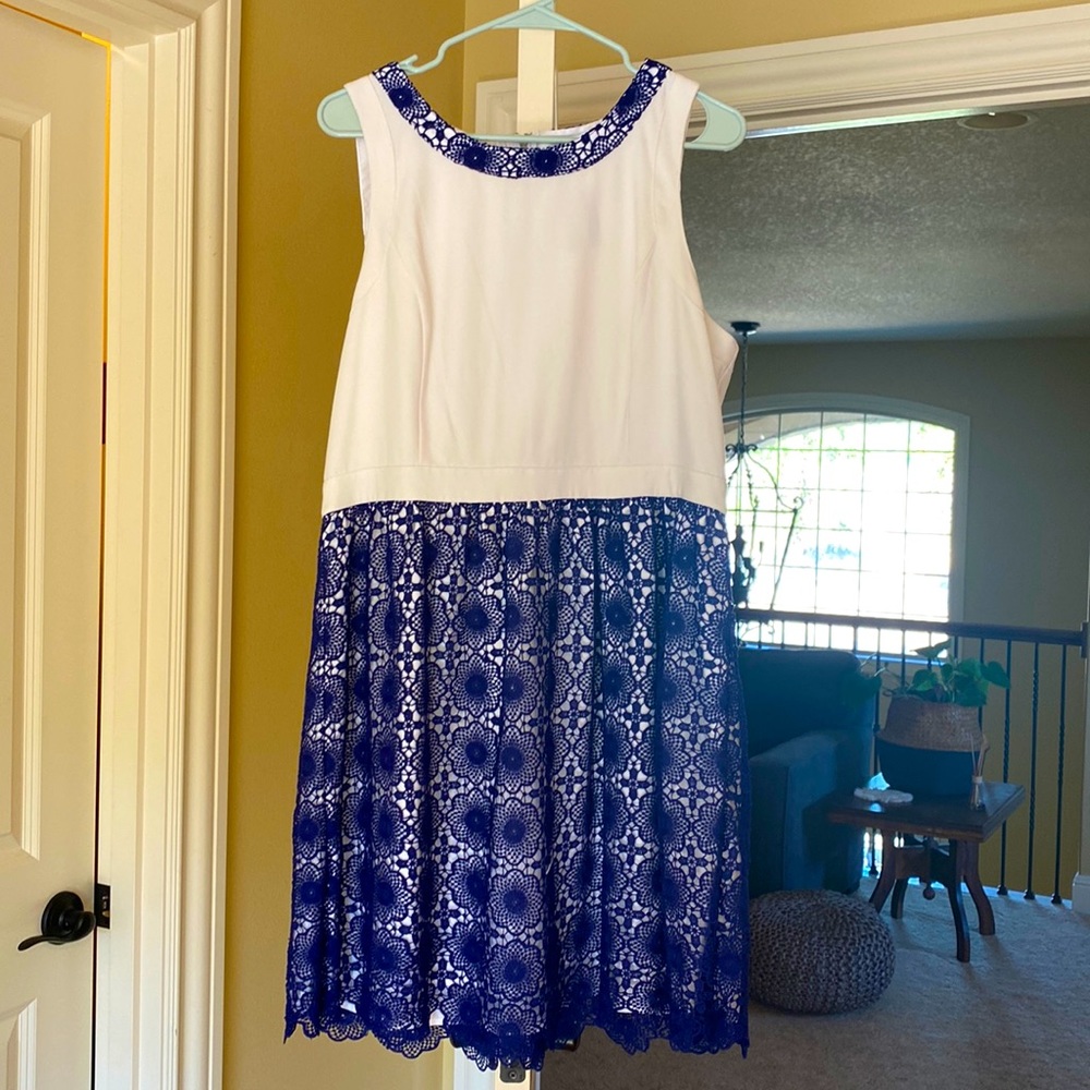 Fit and flare dress with indigo-laced detail and zippered back. Size 1x